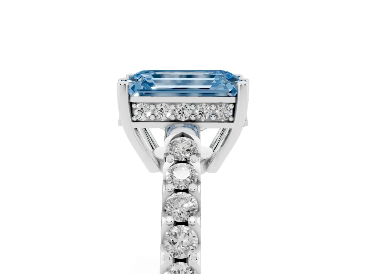 Fancy Blue Emerald Cut Solitaire Diamond Engagement Ring with Pavé Band and Six-Prong Setting Silver