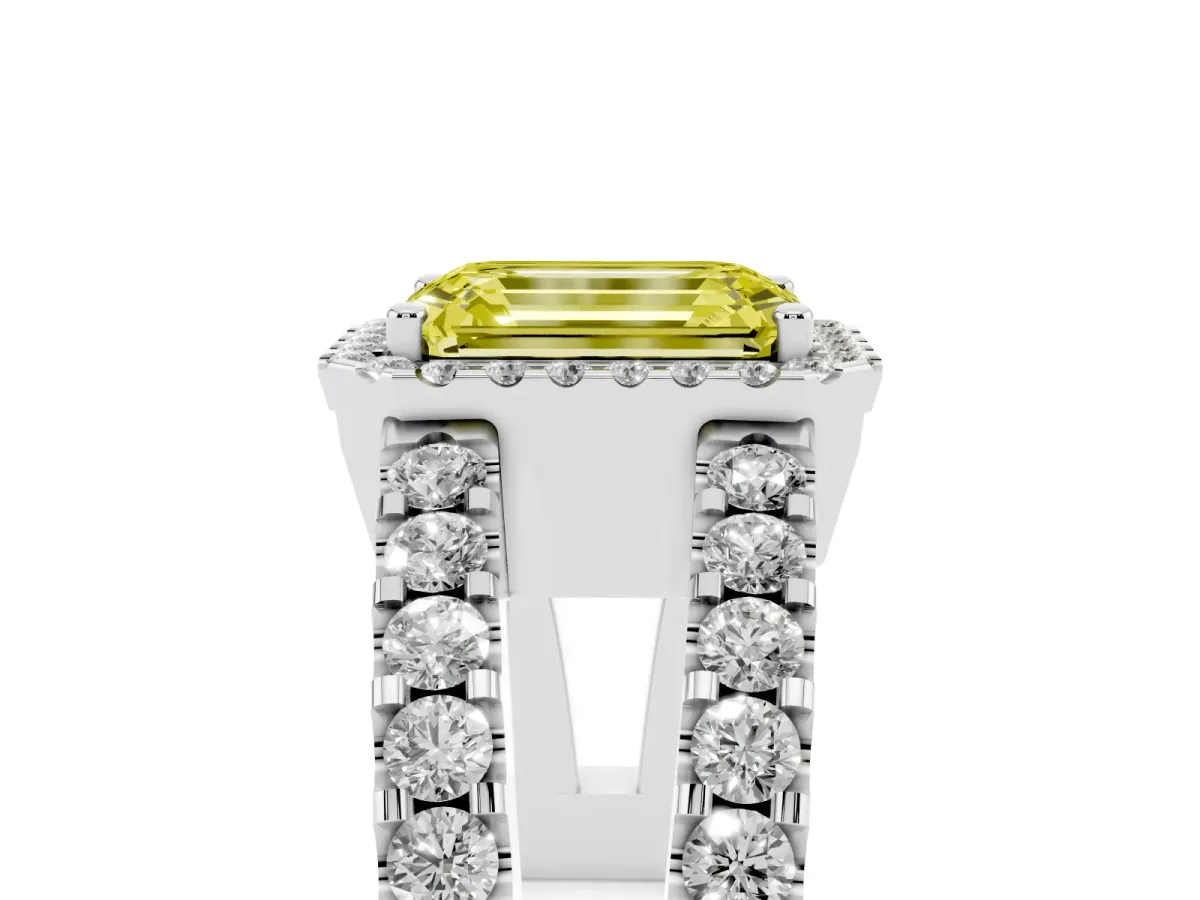 Fancy Yellow Emerald Cut Cut Halo Split Shank Diamond Ring with Four-Prong Setting Silver