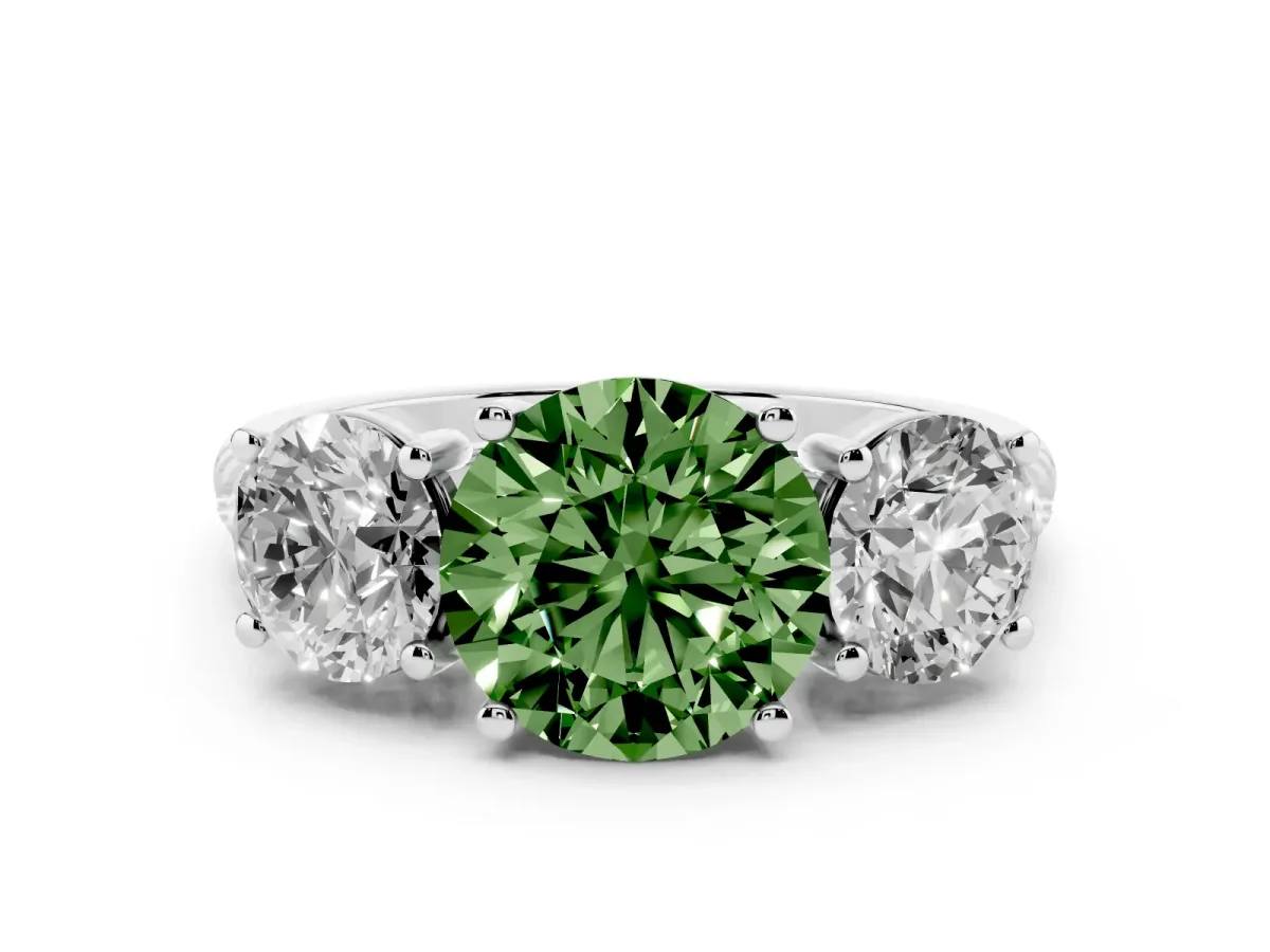 Fancy Green Three-Stone Round Cut Diamond Ring with Round Pavé Band and Prong Setting Silver