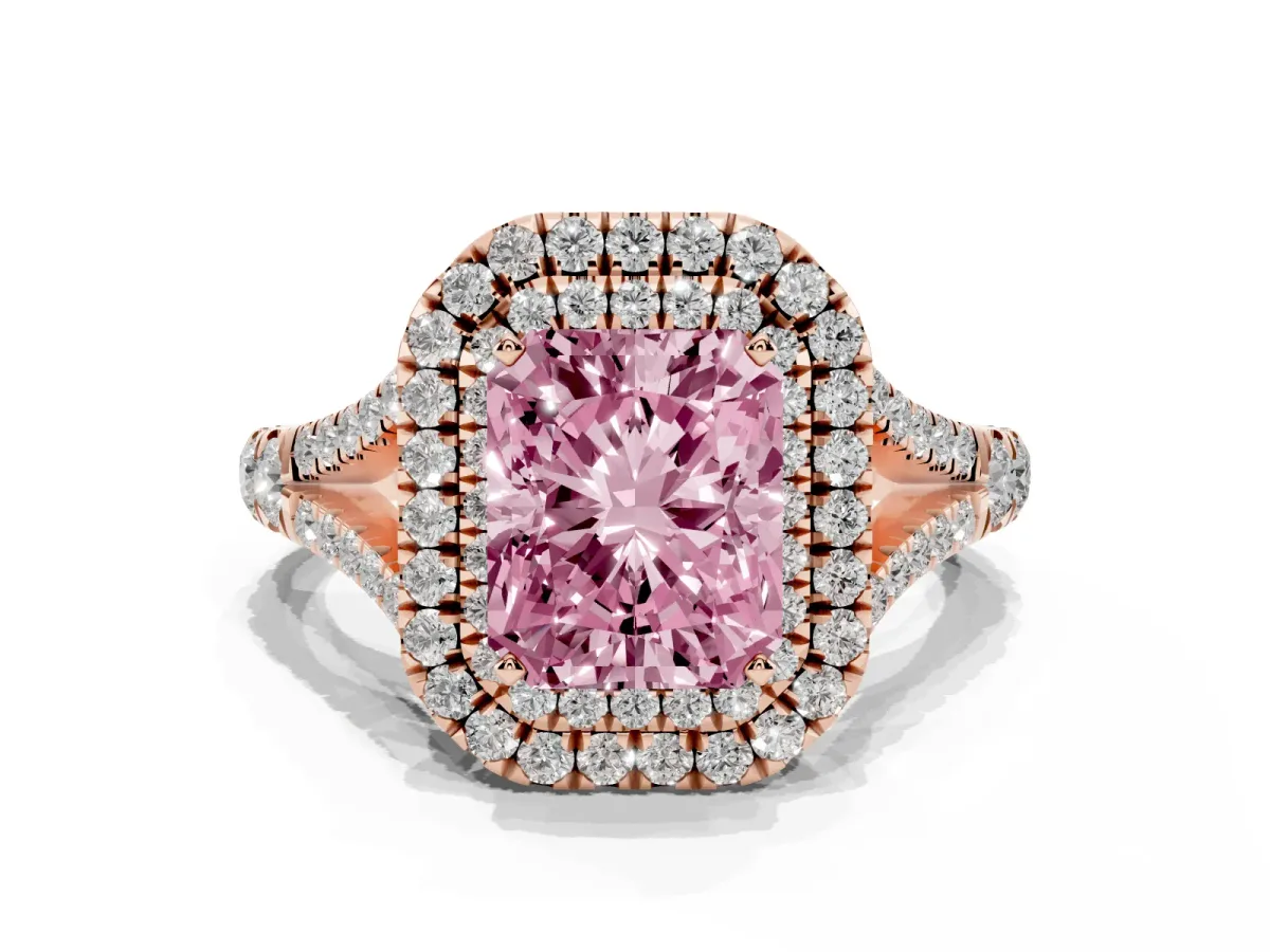 Fancy Pink Radiant Cut Cut Double Halo Split Shank Diamond Ring with Prong Setting Rose gold