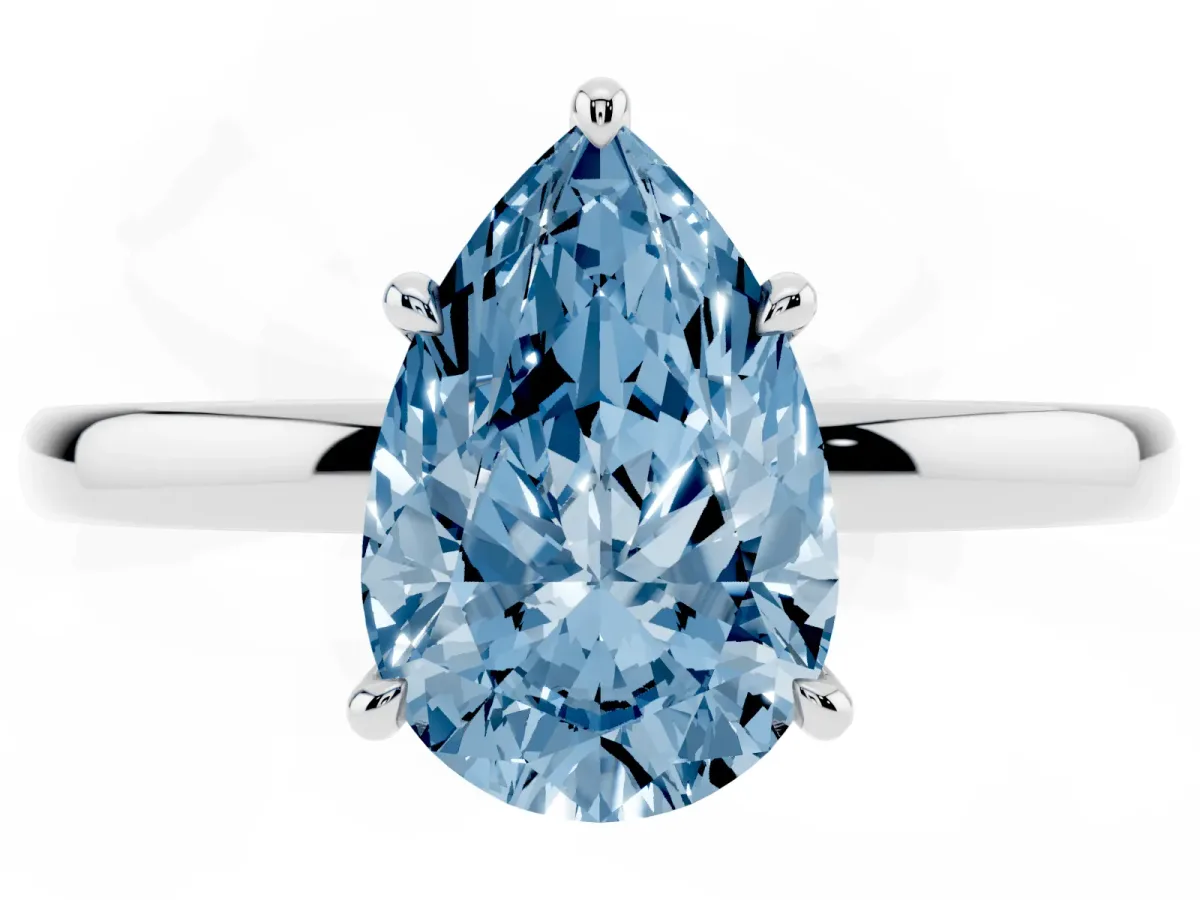 Fancy Blue Pear Cut Solitaire Engagement Ring with Cathedral Band and Four-Prong Setting White gold