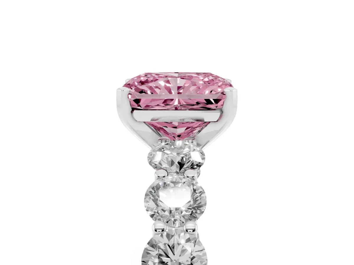 Fancy Pink Radiant Cut Diamond Prong Setting with Side Stones on a Pave Band Silver