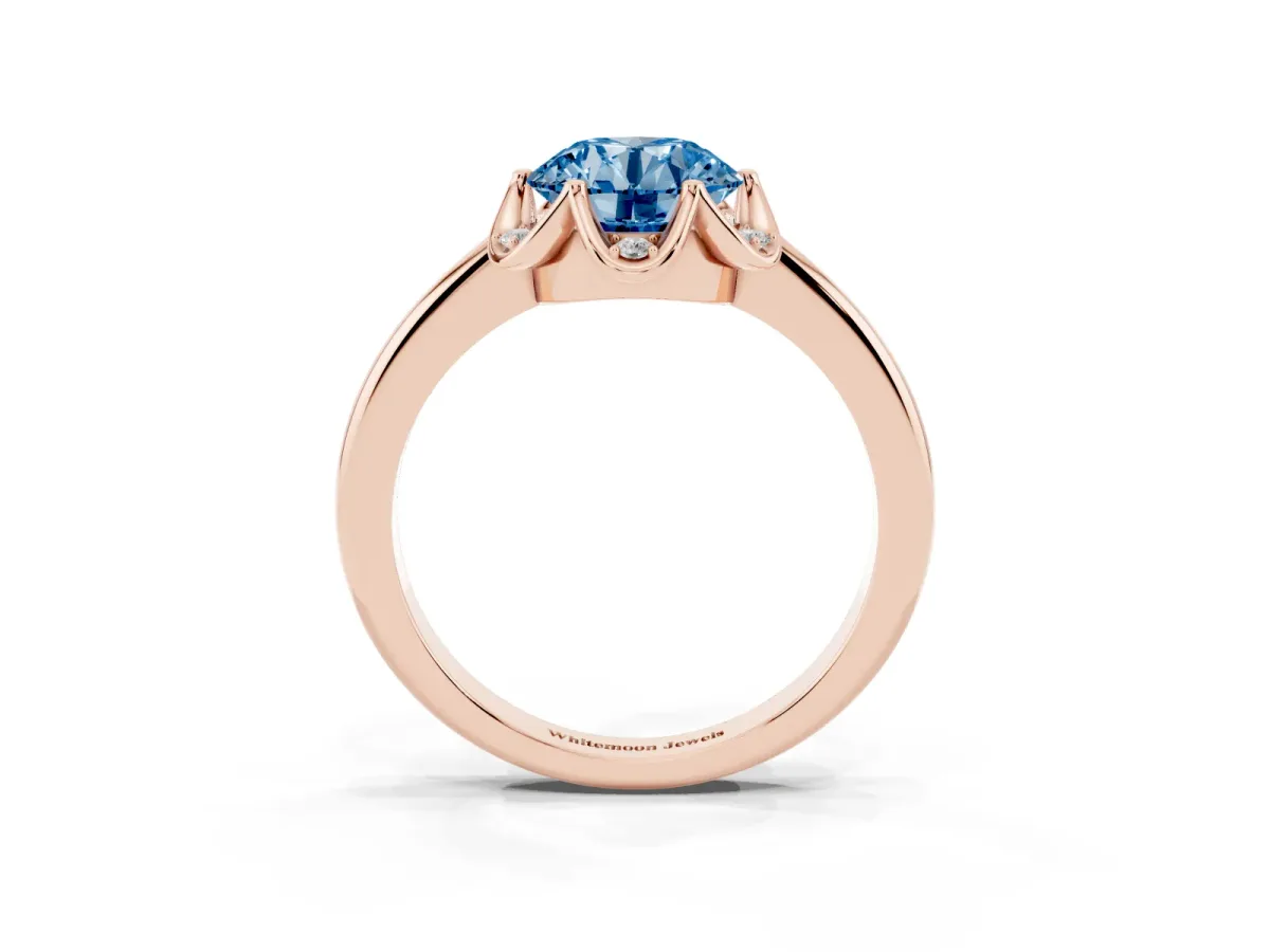 Fancy Blue Round Cut Halo Diamond Ring with Round Cluster Setting, Solitaire Band, and Four-Prong Setting Rose gold