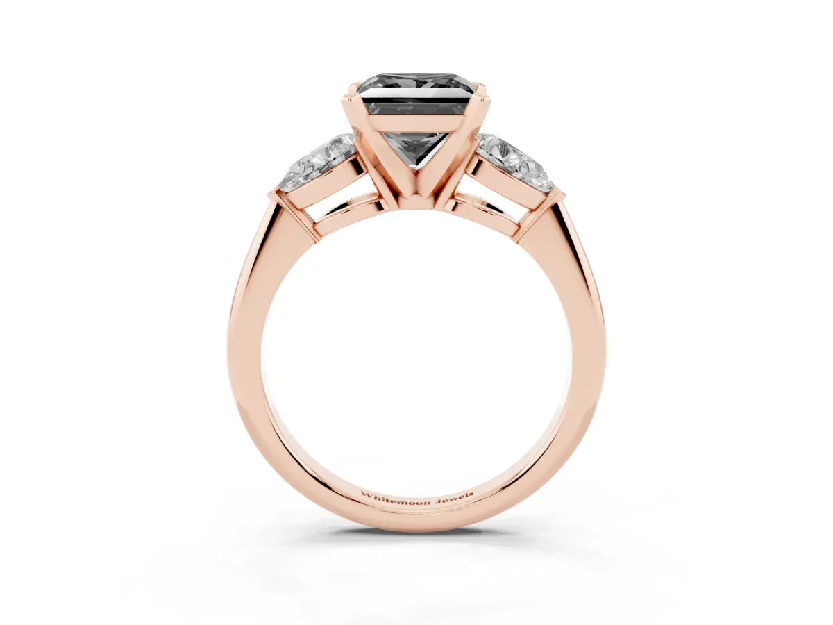 Fancy Black Three-Stone Princess Cut Diamond Ring with Pear Side Stones and Four-Prong Setting Rose gold