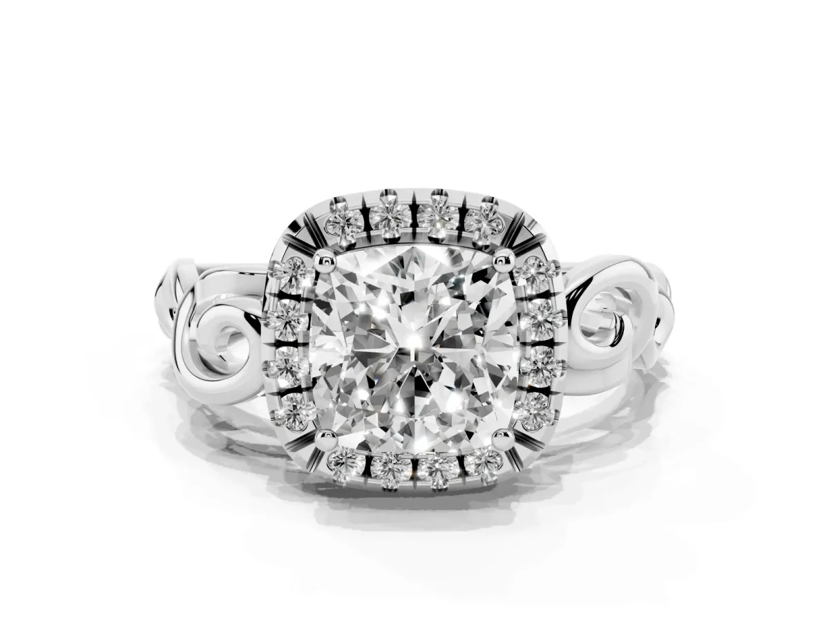 Cushion Cut Cut Halo Diamond Ring with Scrollwork Band and Four-Prong Setting Platinum