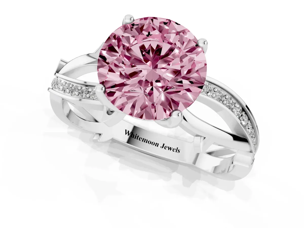 Fancy Pink Round Cut Solitaire Twist Band with Pavé Accents and Four-Prong Setting Platinum