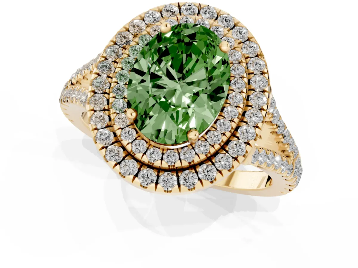 Fancy Green Oval Cut Diamond Double Halo Ring with Pavé Band and Prong Setting Yellow gold