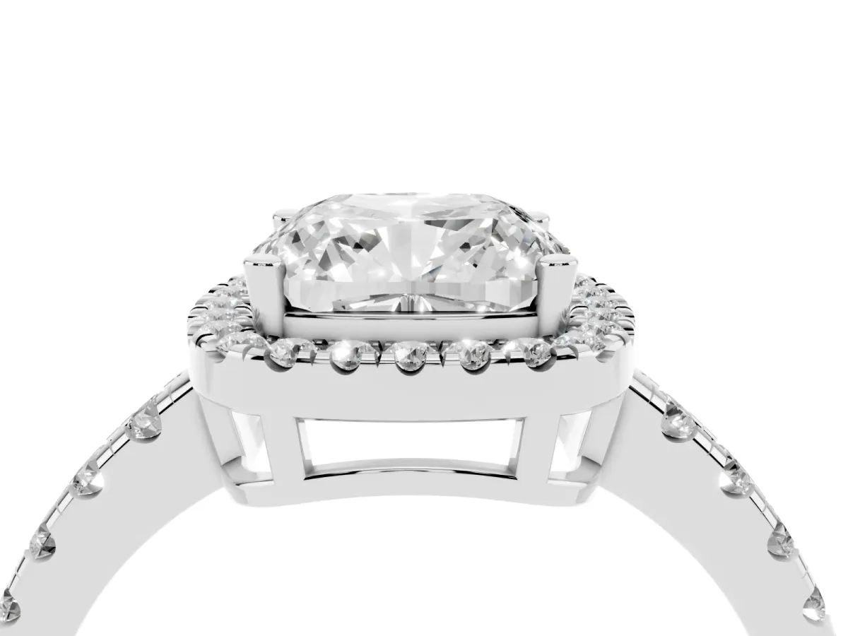 Cushion Cut Diamond Halo Ring with Pavé Band and Four-Prong Setting Platinum