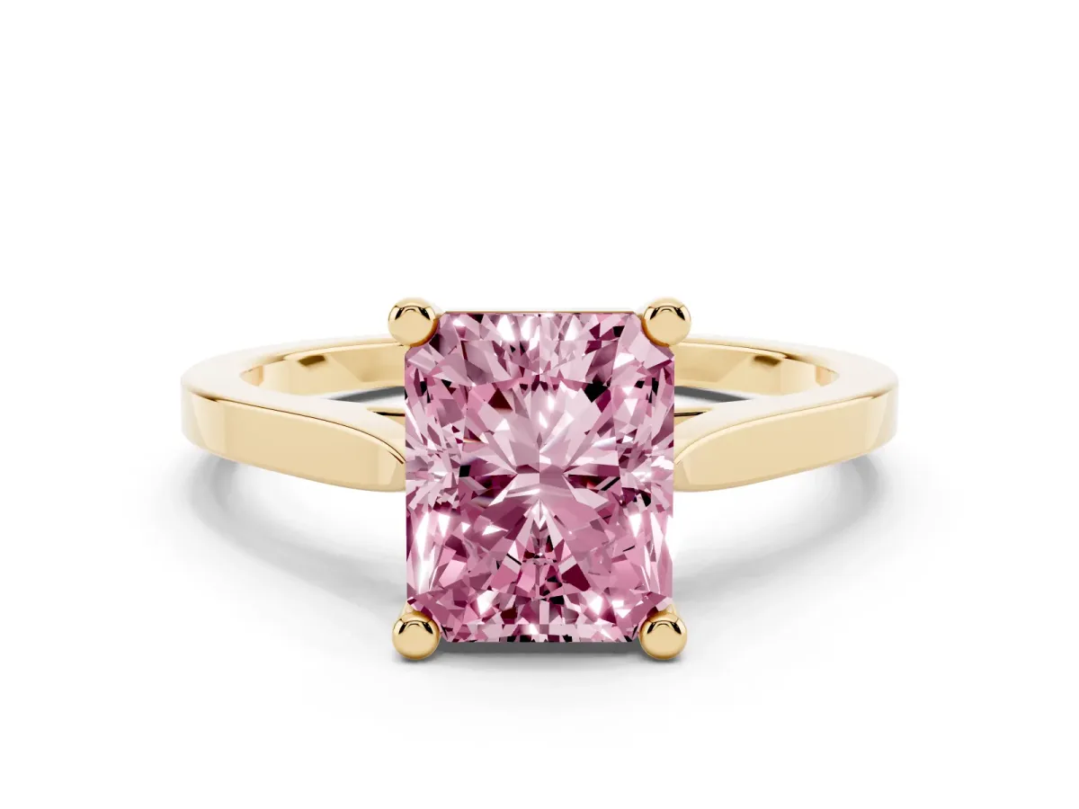 Fancy Pink Radiant Cut Solitaire Diamond Ring with Four-Prong Setting and Tapered Band Yellow gold
