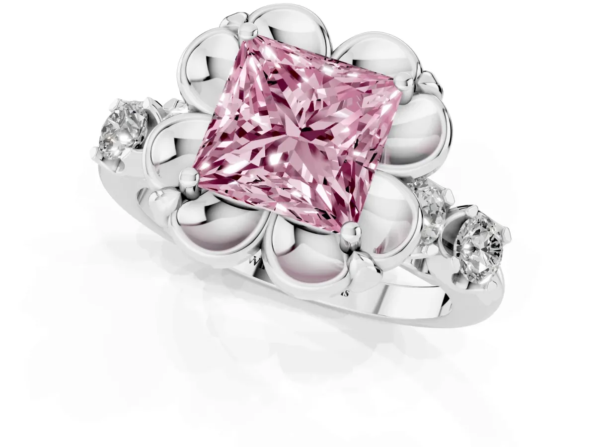 Fancy Pink Princess Cut Cut Diamond Floral Halo Engagement Ring with Shared Prong Setting Platinum