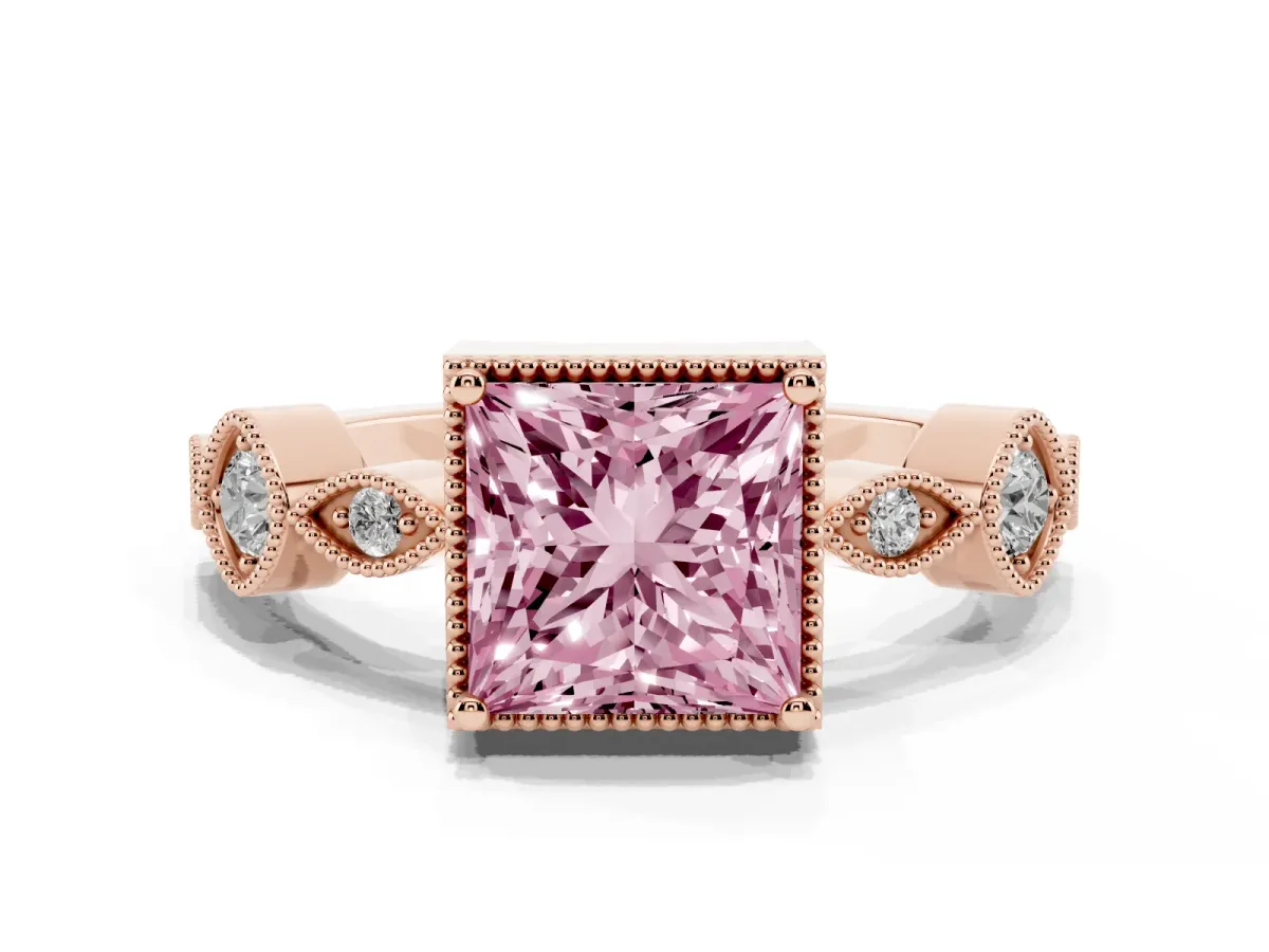 Fancy Pink Princess Cut Diamond Vintage Milgrain Ring with Round Stations Rose gold