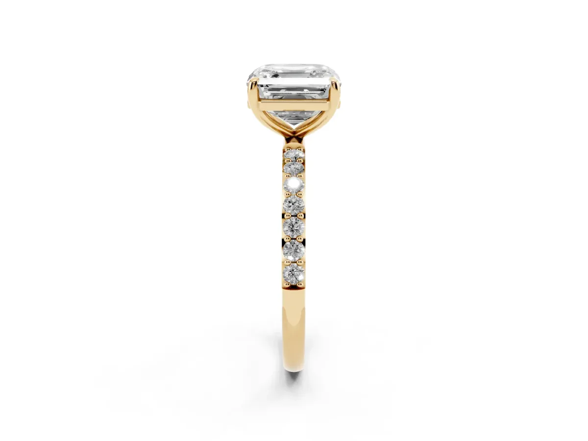 Asscher Cut Diamond Solitaire Ring with Round Pavé Band and Prong Setting Yellow gold