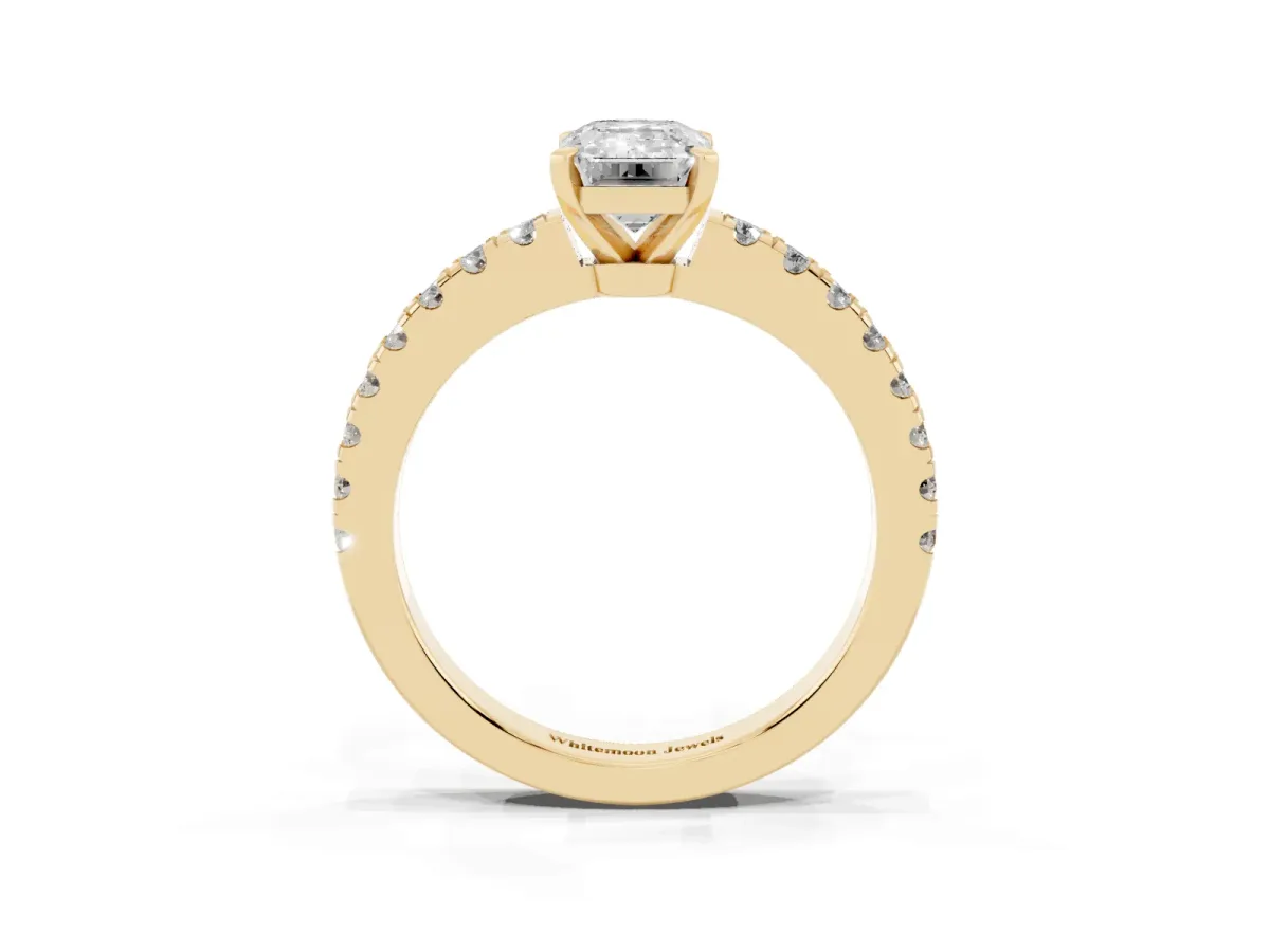Emerald Cut Solitaire Diamond with Pavé Band and Four-Prong Setting Yellow gold