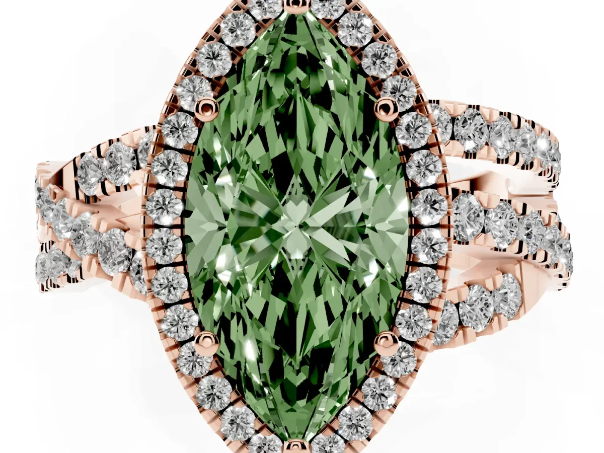 Fancy Green Marquise Cut Diamond Halo Ring with Round Split Shank and Prong Setting Rose gold