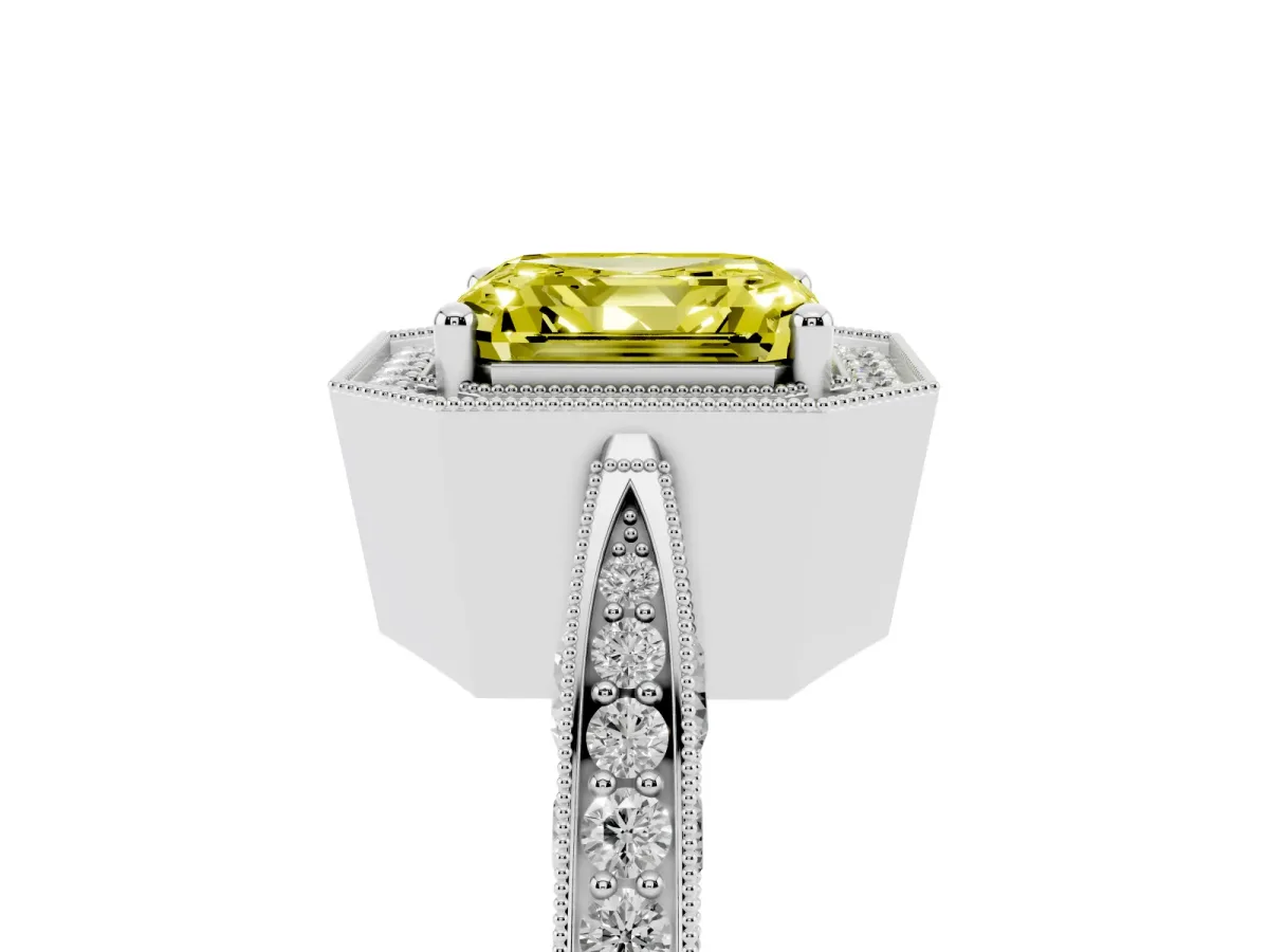 Fancy Yellow Asscher Cut Halo Diamond Engagement Ring with Split Shank Band and Four-Prong Setting Silver