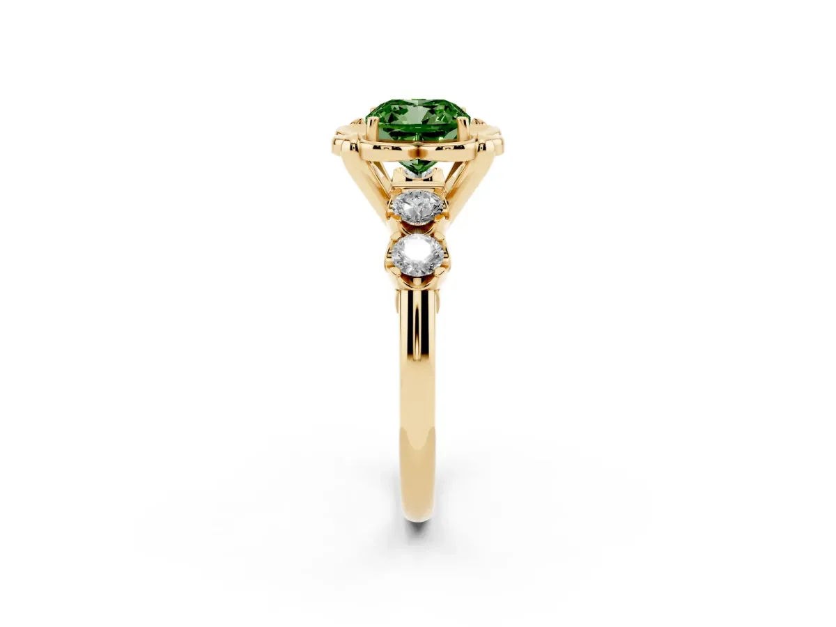 Fancy Green Cushion Cut Cut Diamond Floral Halo Engagement Ring with Shared Prong Setting Yellow gold