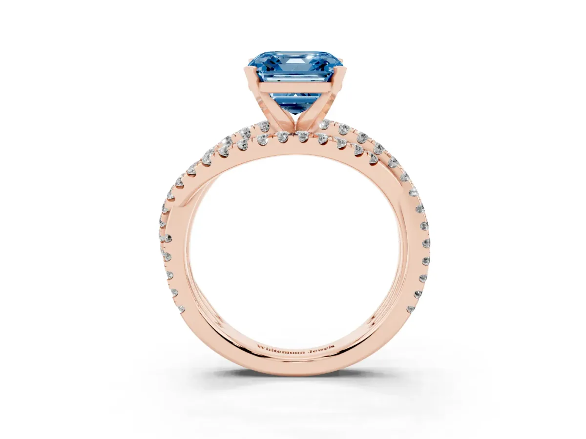 Fancy Blue Asscher Cut Solitaire Twist Band with Pavé Setting and Four-Prong Setting Rose gold
