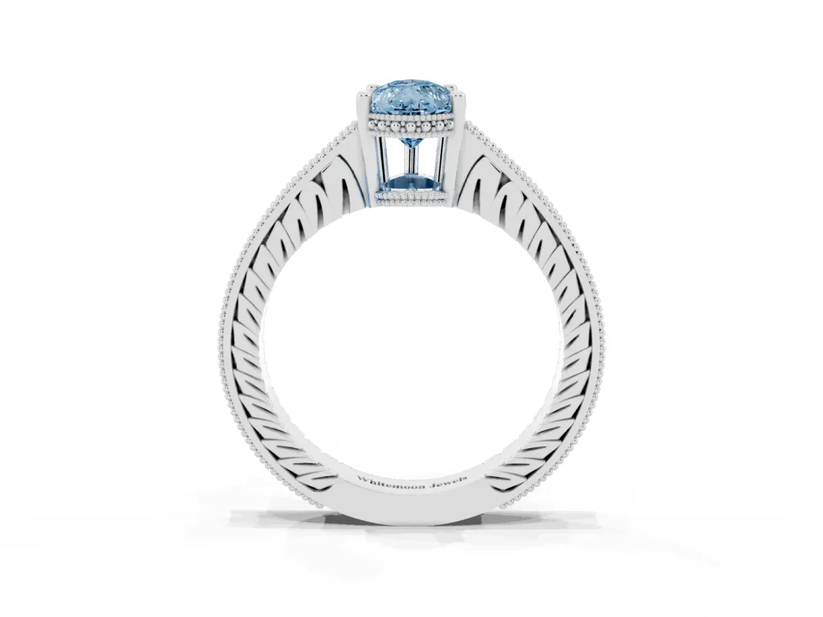 Fancy Blue Pear Cut Solitaire Pavé Diamond Milgrain Engagement Ring with Four-Prong Setting Silver