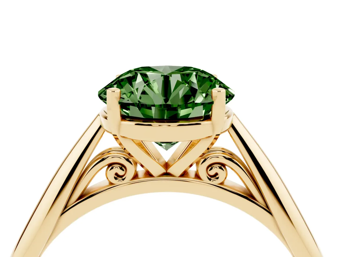 Fancy Green Round Cut Diamond Solitaire Engagement Ring with Cathedral Setting and Four-Prong Mount Yellow gold
