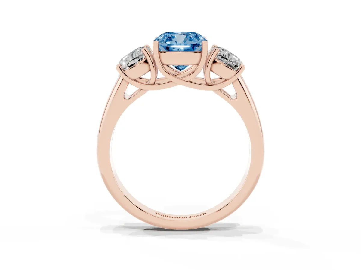 Fancy Blue Three-Stone Cushion Cut Diamond Engagement Ring with Prong Setting Rose gold