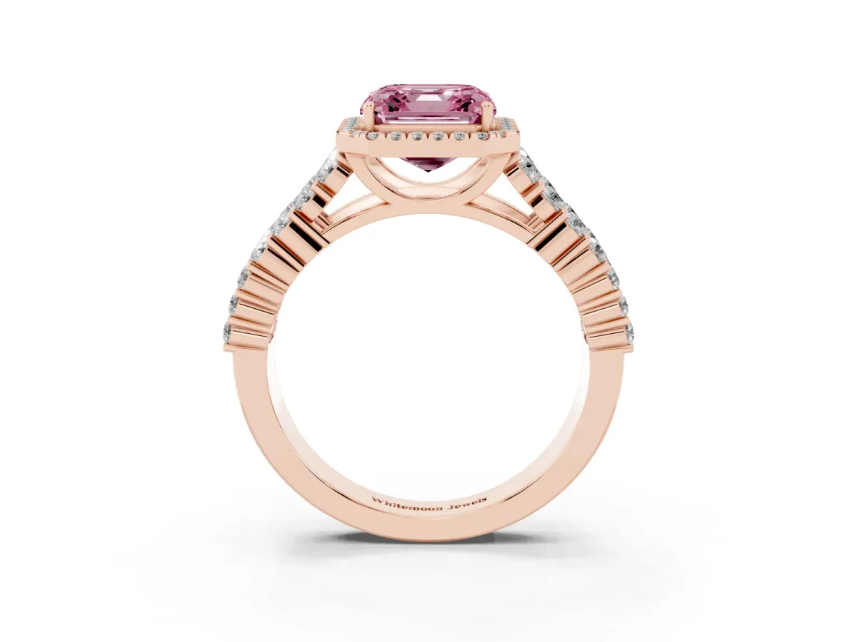 Fancy Pink Asscher Cut Diamond Halo Engagement Ring with Triple Row Round Pavé Band and Prong Setting Rose gold
