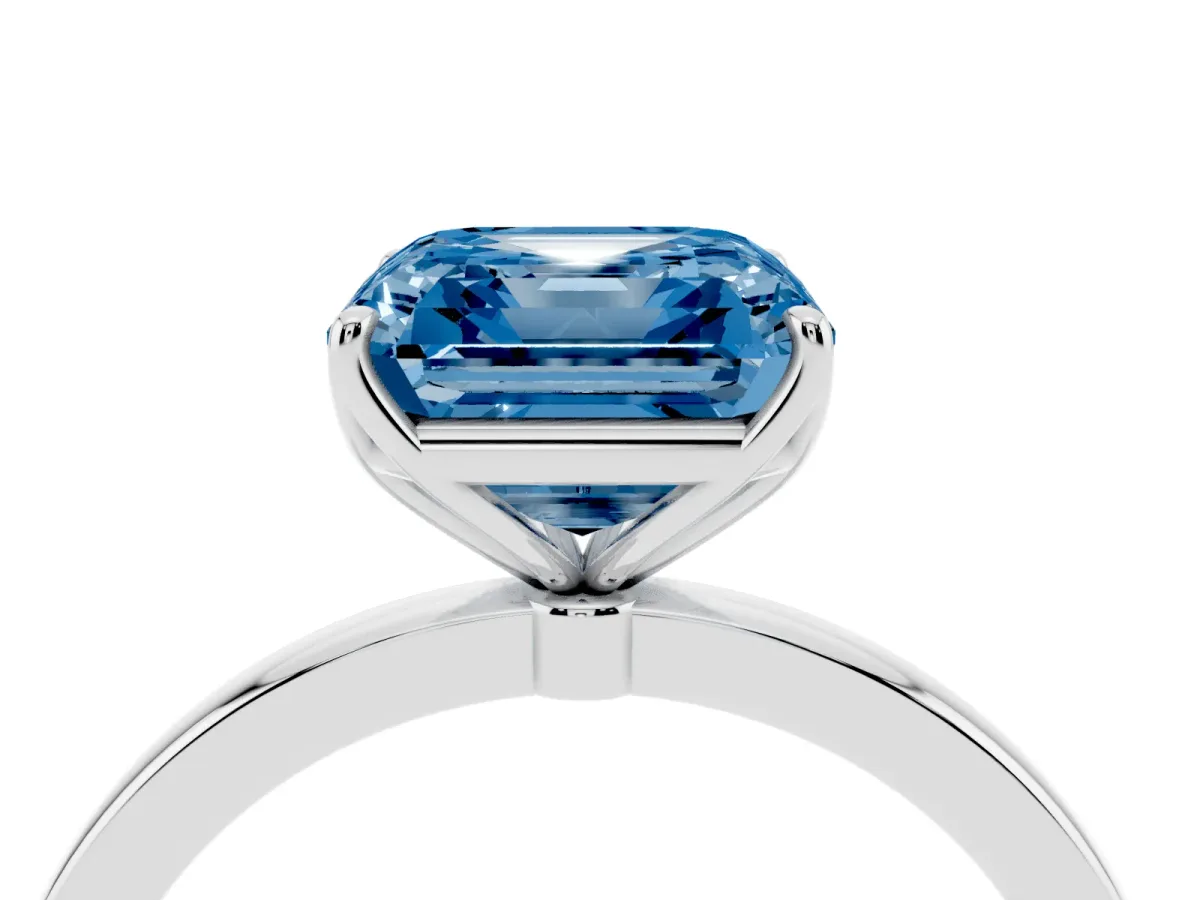 Fancy Blue Asscher Cut Diamond Solitaire Ring with Thin Band and Prong Setting Silver