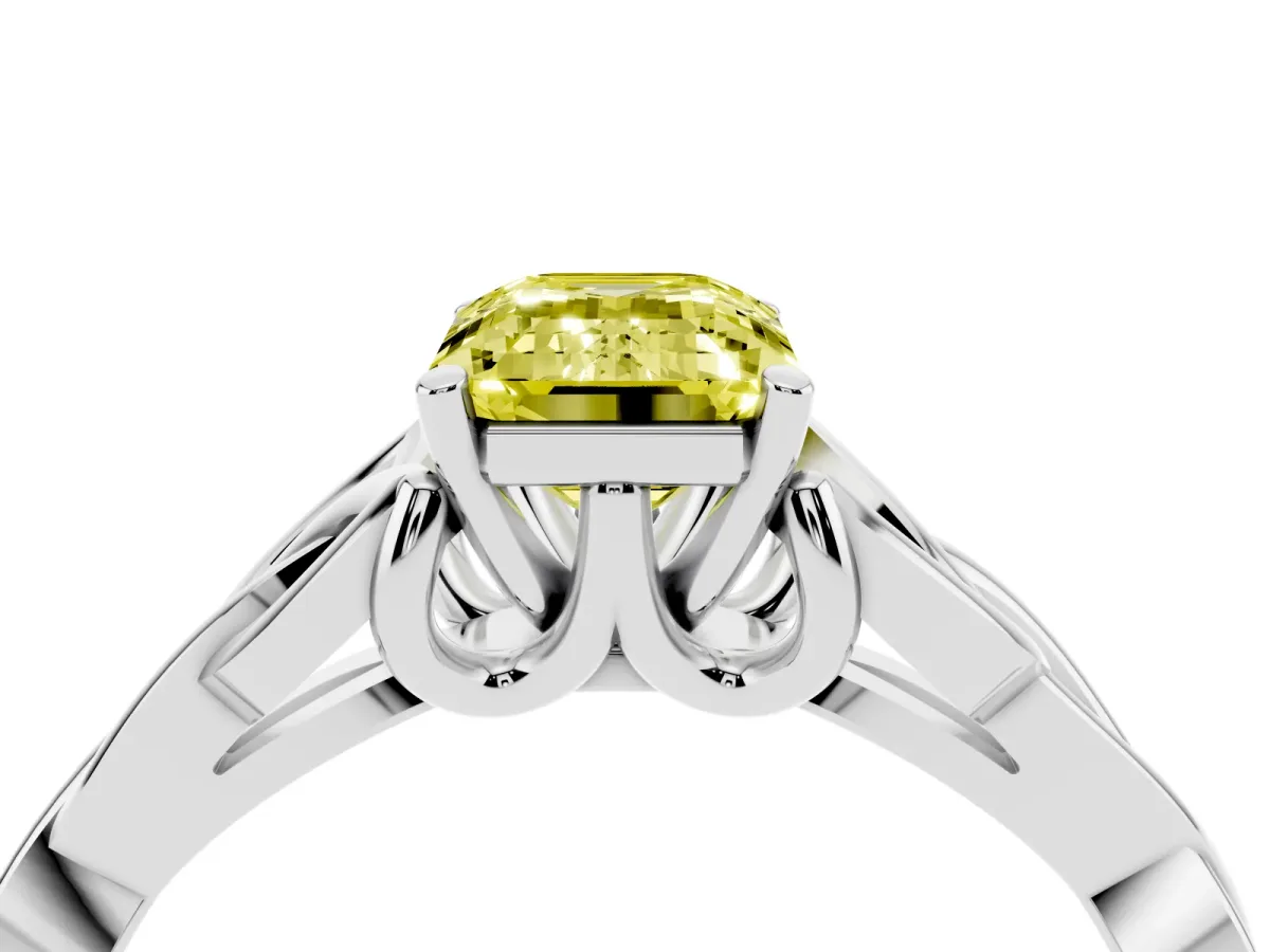 Fancy Yellow Emerald Cut Diamond Solitaire Engagement Ring with Celtic Knot Band and Four-Prong Setting Silver