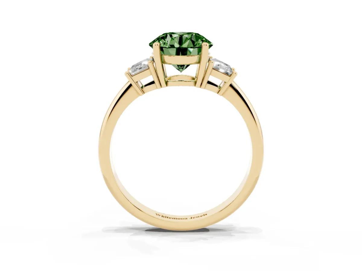 Fancy Green Round Cut Diamond Three-Stone Ring with Trapezoid Side Stones and Prong Setting Yellow gold