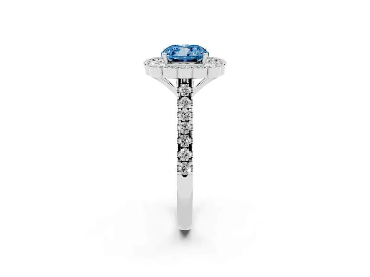Fancy Blue Cushion Cut Cut Diamond Milgrain Floral Halo Engagement Ring with Pavé Band Platinum