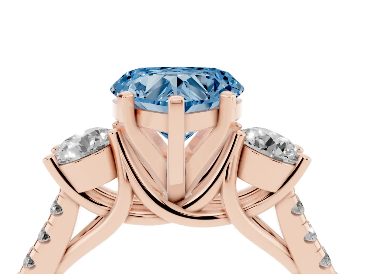 Fancy Blue Three-Stone Heart Cut Diamond Pavé Band with Four-Prong Setting Rose gold