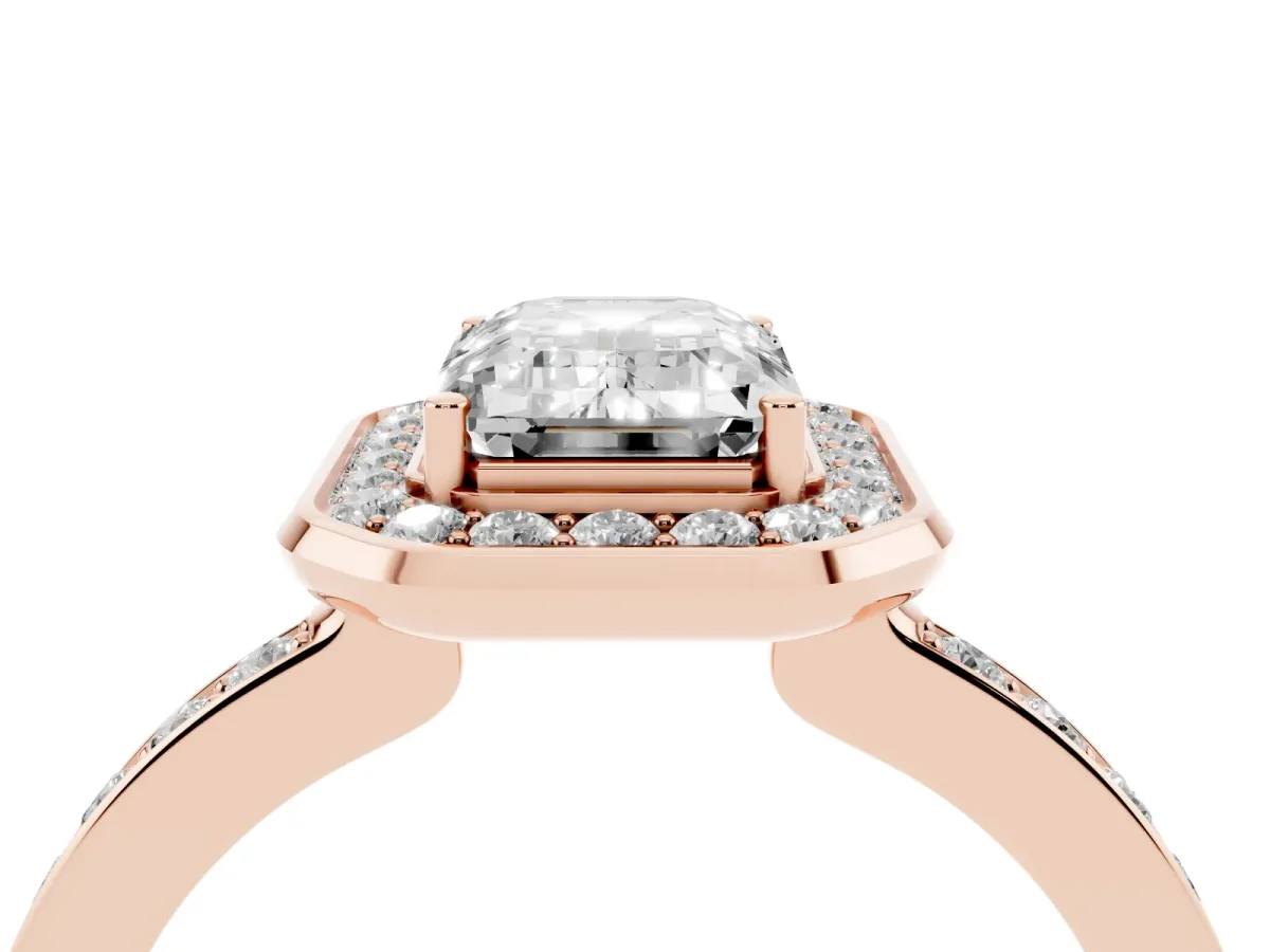 Emerald Cut Diamond Halo Ring with Bezel Frame and Pavé Band Rose gold