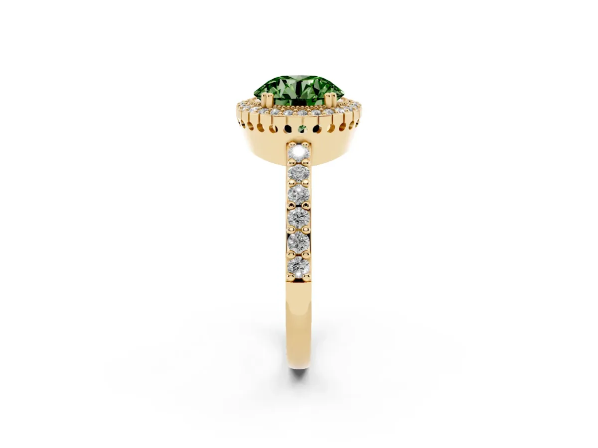 Fancy Green Round Cut Cut Diamond Halo Engagement Ring with Milgrain Detail and Pavé Band Yellow gold