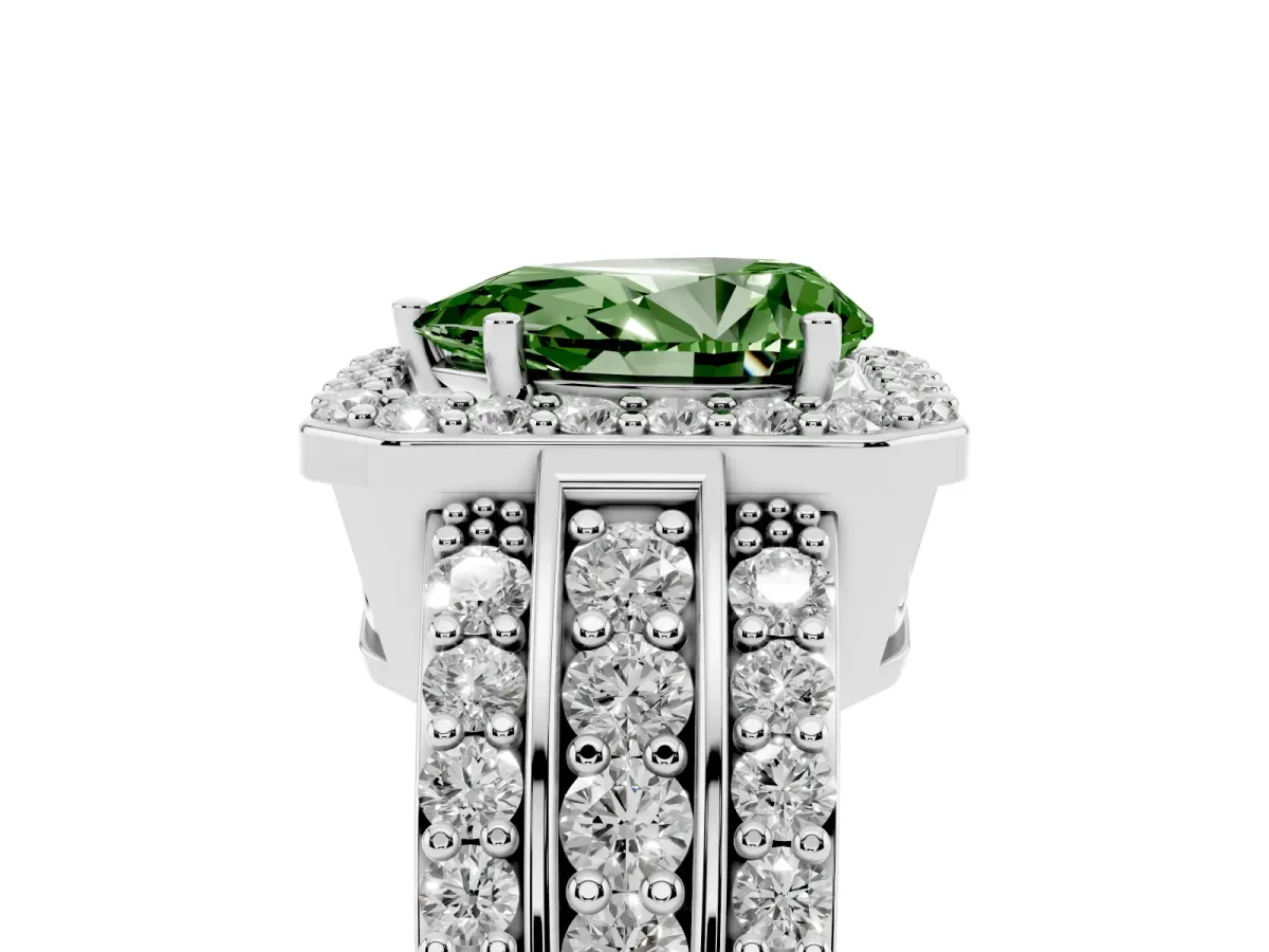 Fancy Green Pear Cut Halo Diamond Ring with Round Split Shank and Prong Setting Platinum