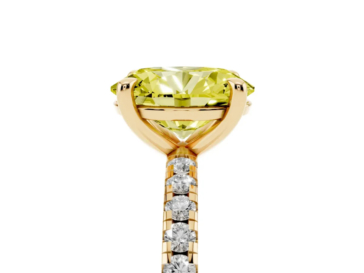 Fancy Yellow Oval Cut Diamond Brilliant Solitaire Ring with Pavé Band and Four-Prong Setting Yellow gold