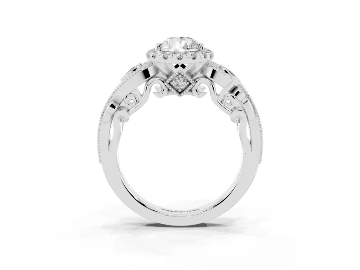 Pear Cut Diamond Halo Ring with Milgrain Pavé Band and Four-Prong Setting Silver