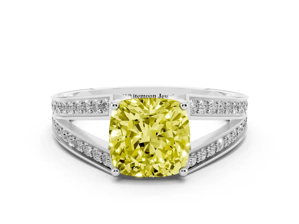 Fancy Yellow Cushion Cut Diamond Split Shank Ring with Pavé Band and Four-Prong Setting White gold