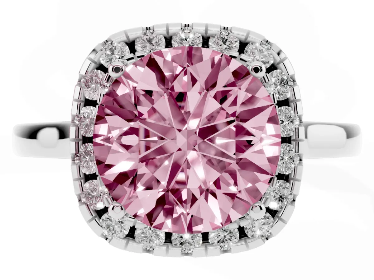 Fancy Pink Round Cut Halo Round Diamond Solitaire Ring with Pavé Band and Four-Prong Setting Silver