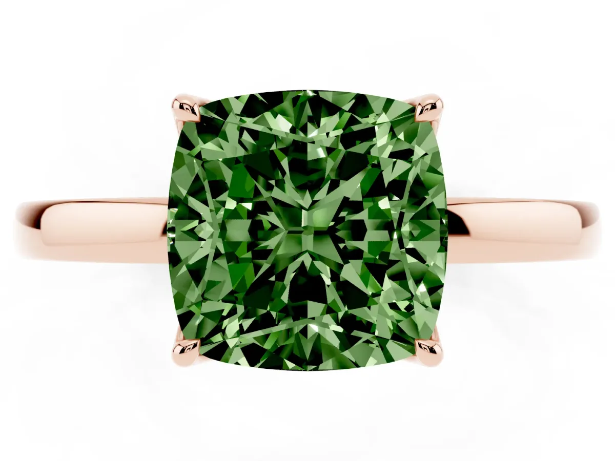 Fancy Green Cushion Cut Diamond Solitaire Ring with Thin Band and Prong Setting Rose gold