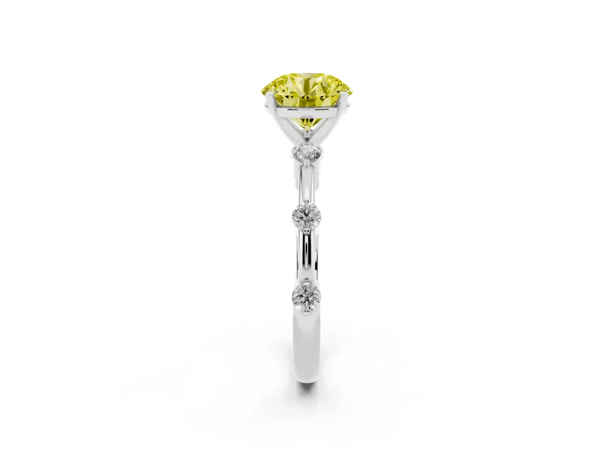 Fancy Yellow Round Cut Solitaire Diamond Ring with Bezel Set Side Stones and Prong Setting Silver