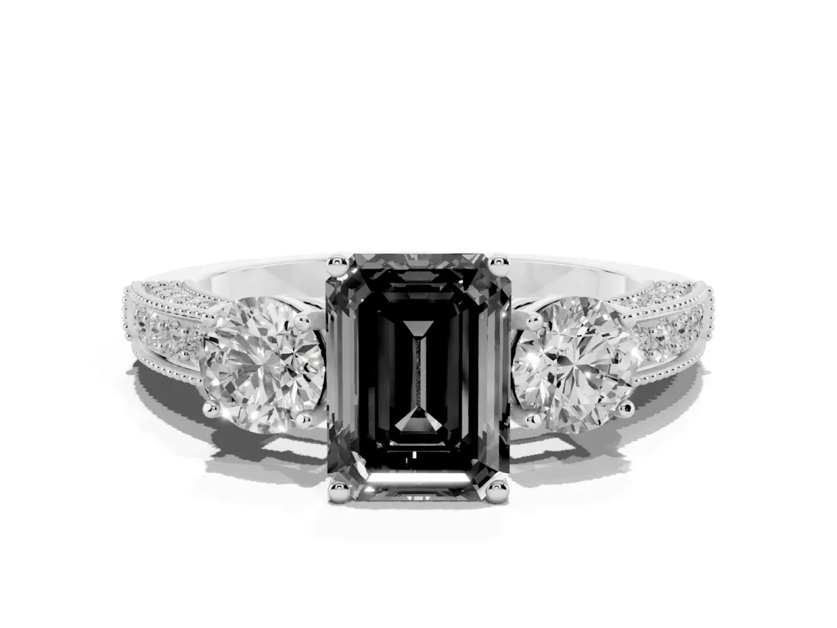 Fancy Black Emerald Cut Three-Stone Diamond Ring with Pavé Band and Four-Prong Setting Silver