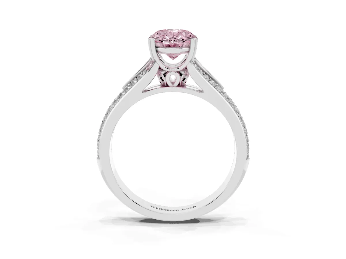Fancy Pink Oval Cut Diamond Split Shank Engagement Ring with Pavé Band Silver