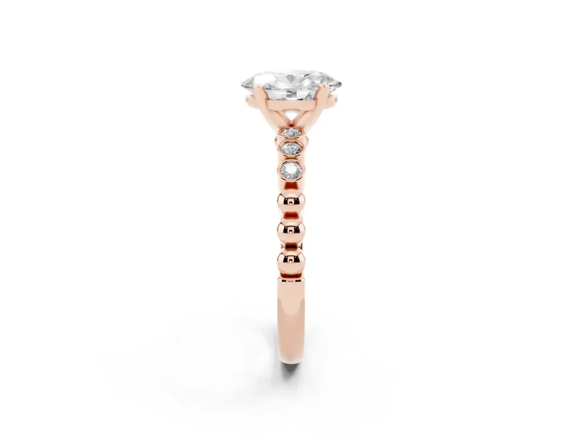 Oval Cut Solitaire Bezel Accent Diamond Engagement Ring with Beaded Band and Four-Prong Setting Rose gold