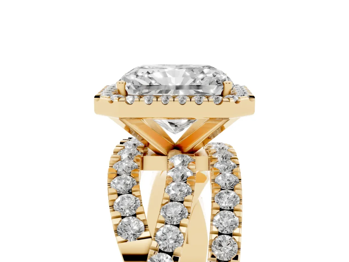 Radiant Cut Diamond Halo Ring with Round Split Shank and Prong Setting Yellow gold