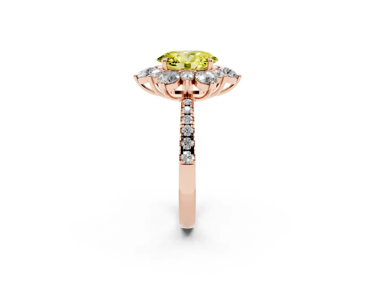 Fancy Yellow Oval Cut Diamond Floral Halo Ring with Round Pavé Band and Prong Setting Rose gold