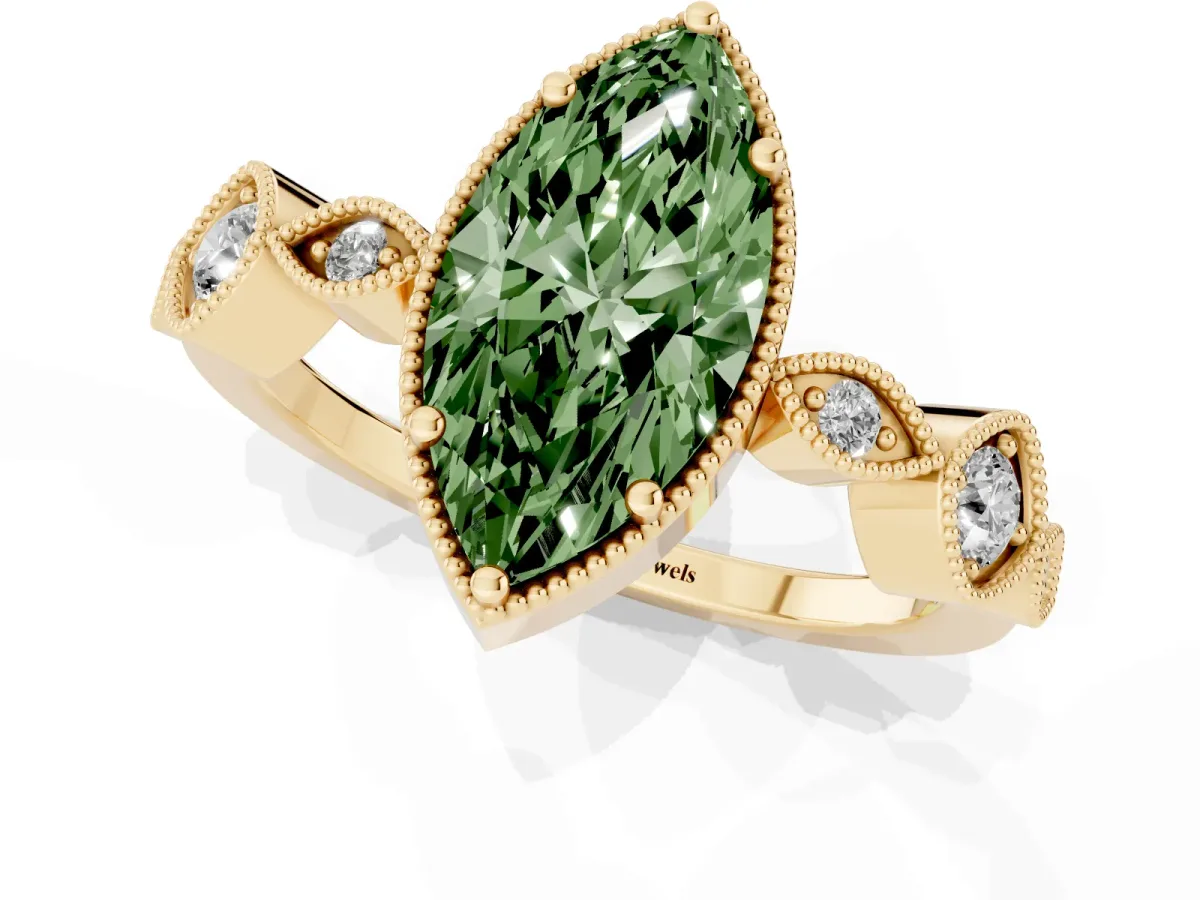 Fancy Green Marquise Cut Diamond Vintage Milgrain Ring with Round Stations Yellow gold