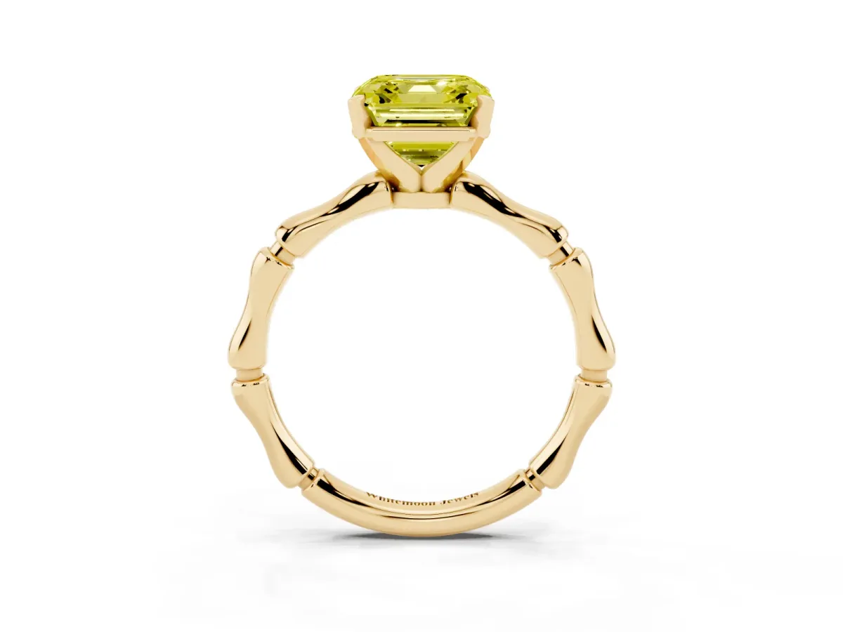 Fancy Yellow Asscher Cut Solitaire Diamond Ring with Bamboo Band and Four-Prong Setting Yellow gold