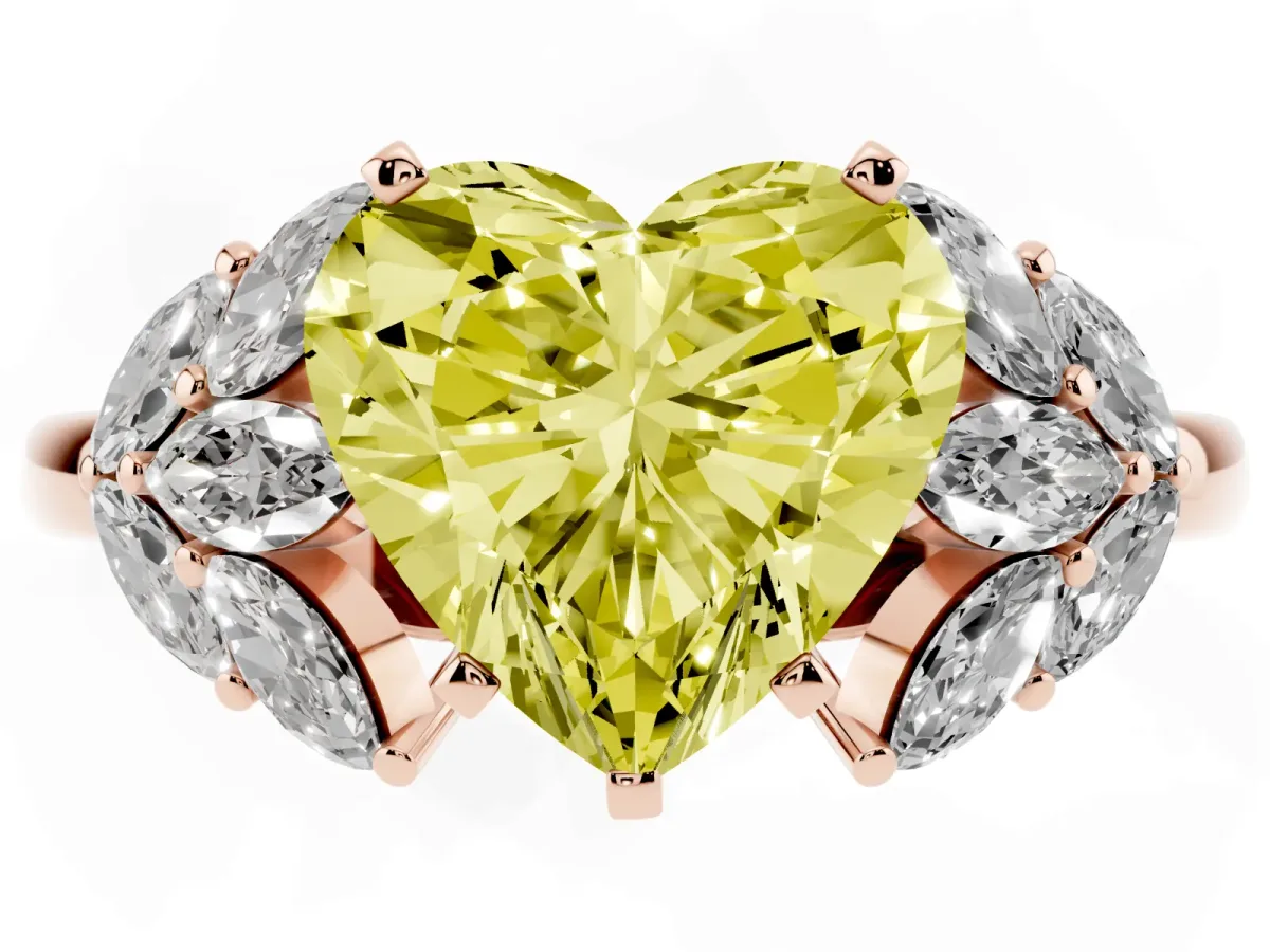 Fancy Yellow Heart Cut Diamond Cluster Leaf Design Ring with Prong Setting Rose gold