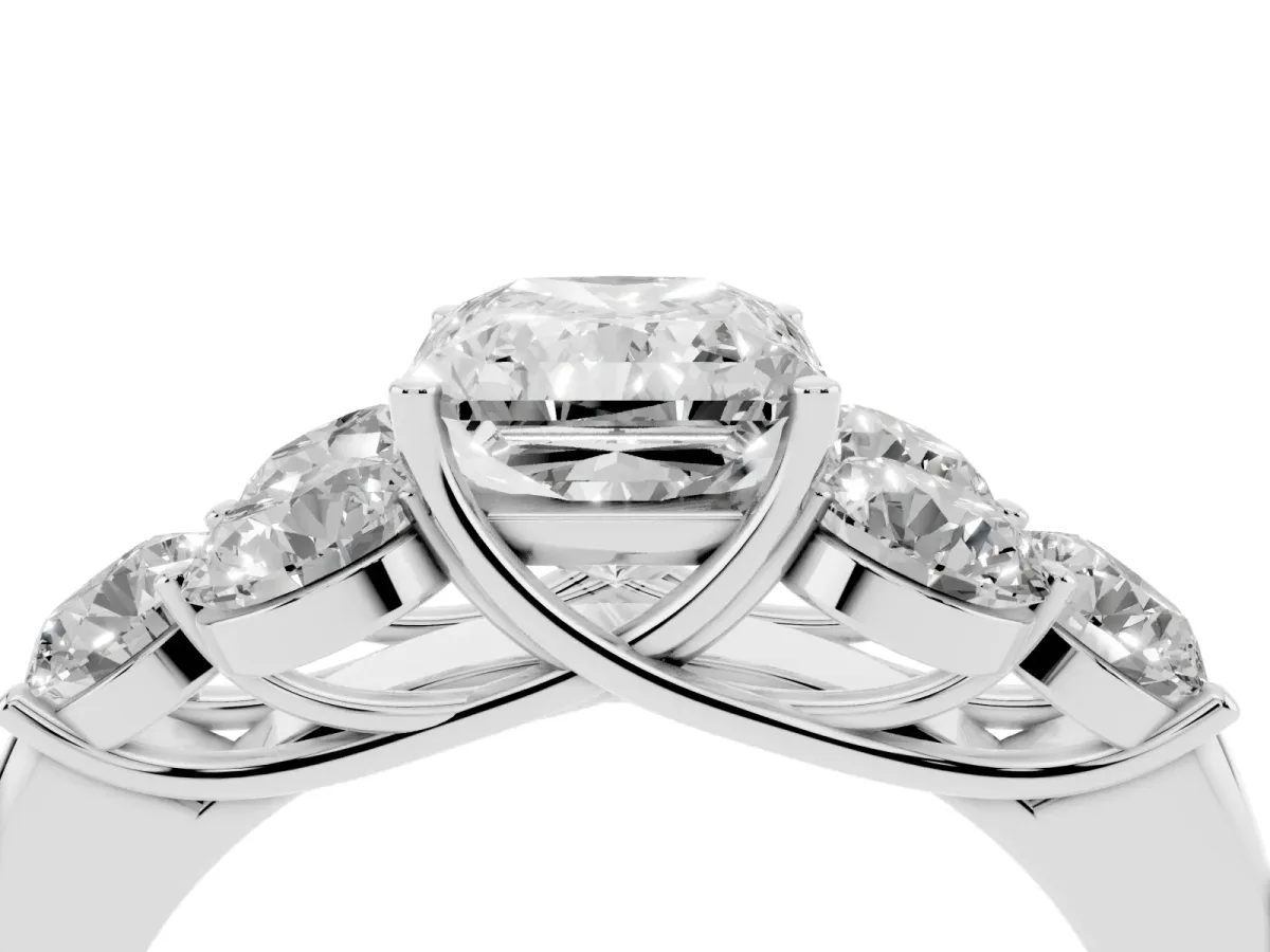 Radiant Cut Cut Diamond Cluster Ring with Round Accent Stones and Prong Setting on a Classic Band White gold