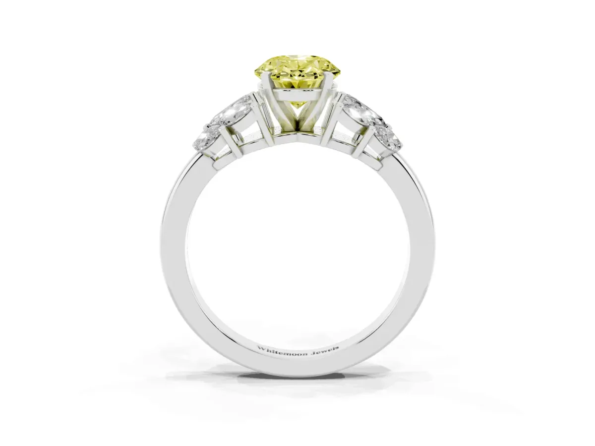 Fancy Yellow Oval Cut Diamond Cluster Leaf Design Ring with Prong Setting Platinum