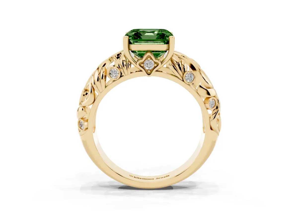 Fancy Green Asscher Cut Solitaire Diamond Leaf-Inspired Vine Band Ring with Prong Setting Yellow gold